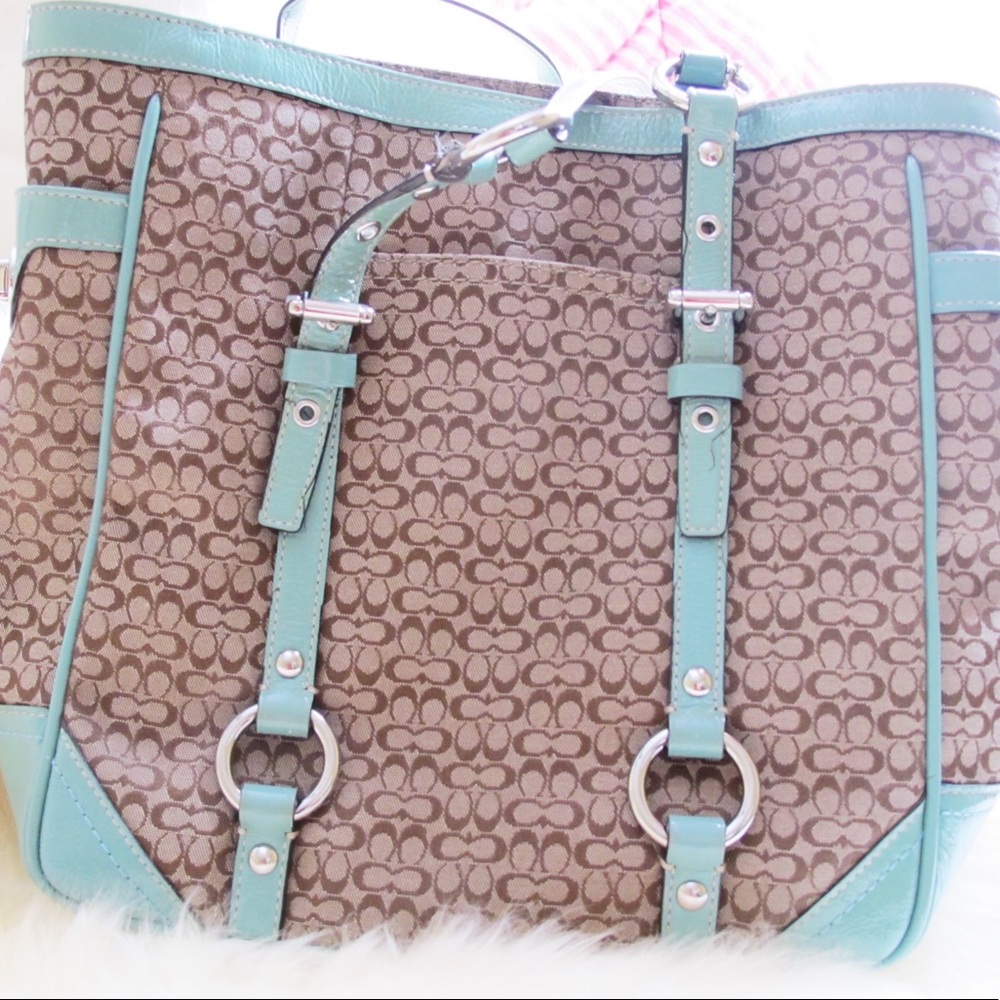 Coach Canvas Tote with Blue Leather Trim